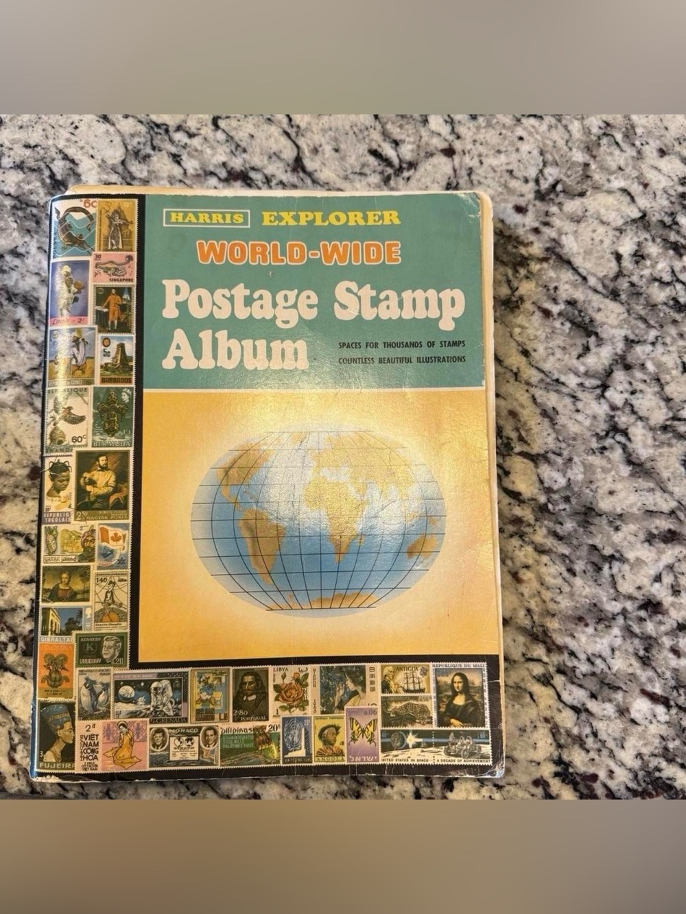 World-Wide Postage Stamp Album - Blue & Yellow 70 vintage stamps